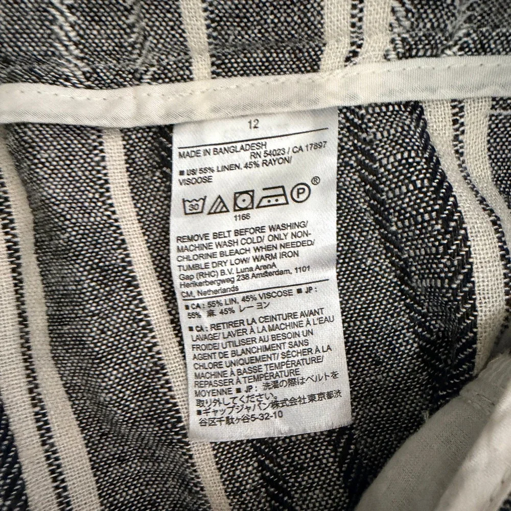 Banana Republic Wide Leg Linen Blend Pants Women 12P Grey Striped Paperbag Waist